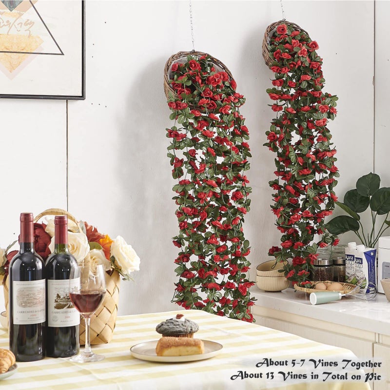 PONKING 8 Pcs x 8.2 ft Flower Garland Artificial Rose Vine Flowers with Green Leaves Hanging Fake Roses Vine for Room Party Home Wedding Birthday Christmas Wall Arch Decor, Spring Red Flower - Image 2